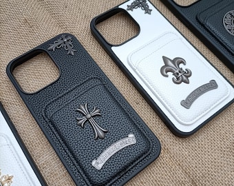 Funda de piel sintética con tarjetero para iPhone 17, 16, 15, 14 Plus, 13, 12 Pro Max, color negro y blanco, hecha a mano, con diseño de cruz iris y opio.