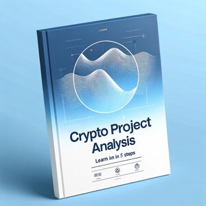 Peut inclure: Une couverture de livre bleue et blanche avec le titre "Crypto Project Analysis" et le texte "Learn in in 5 steps". La couverture présente un graphique blanc d'un motif de vague à l'intérieur d'un cercle.