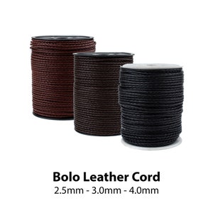 May include: Three spools of braided leather cord in brown, dark brown, and black. The cord is 2.5mm, 3.0mm, and 4.0mm thick. Bolo Leather Cord.