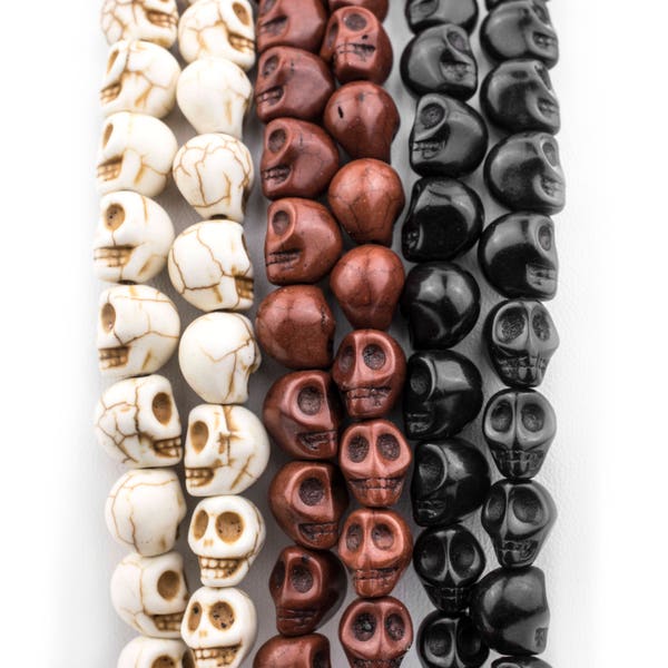 40 Skull Beads: Wholesale Howlite Strand White Brown Black Halloween Costume Jewelry Making Supplies for Necklaces Bracelets Skull Beads