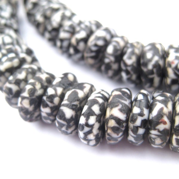 120 Black & White Disk Recycled Glass Beads - Recycled Glass Beads - African Glass Beads - Black Glass - Ghana Glass Beads (RCY-DSK-MIX-954)