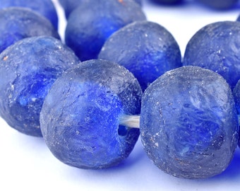 24 Super Jumbo Blue Recycled Glass Beads: Translucent Eco-Friendly Cultured Sea Ghanaian Round Rustic Ethnic Handmade (RCY-RND-BLU-1032)