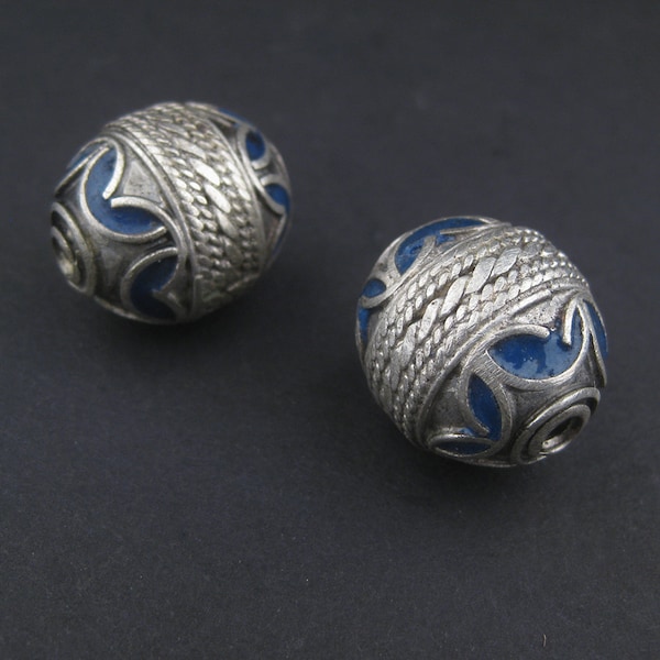 Blue Enamel Berber Bead Set of 2 - African Silver Pendant - Jewelry Making Supplies - Made in Morocco ** (PND-BRB-121)