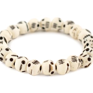 Round Bone Skull Bracelet – Hand Carved Water Buffalo Beads, White Tribal Jewelry, Unisex Gothic Boho Bracelet, Stacking Accessory Nepal