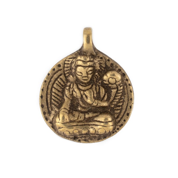 Round Antiqued Brass Buddha Pendant 28x34mm: Handmade Tibetan Buddhist Pendant, Mantra Meditation Yoga Themed Jewelry Supplies, Wholesale