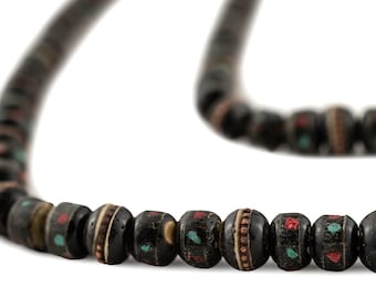 Inlaid Bone Prayer Beads with Brass and Turquoise - Tibetan Meditation Beads - Black Handmade Mala (BON-RND-BRN-244)