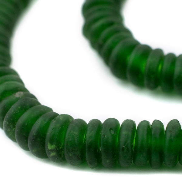 100 Recycled Glass Beads Rondelle - Ghana Recycled Beads - Handmade Glass Beads - African Krobo Beads - Fair Trade Beads (RYC-DISK-GRN-581)