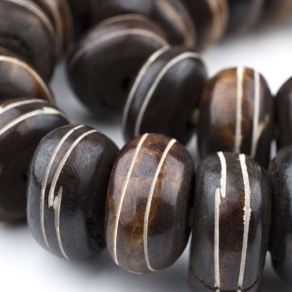 40 Striped Carved Brown Bone Beads: Ethnic Bone Beads Kenya Trade Beads Bone Round Beads Big Bone Beads Decorative Beads (BON-RND-BRN-371)