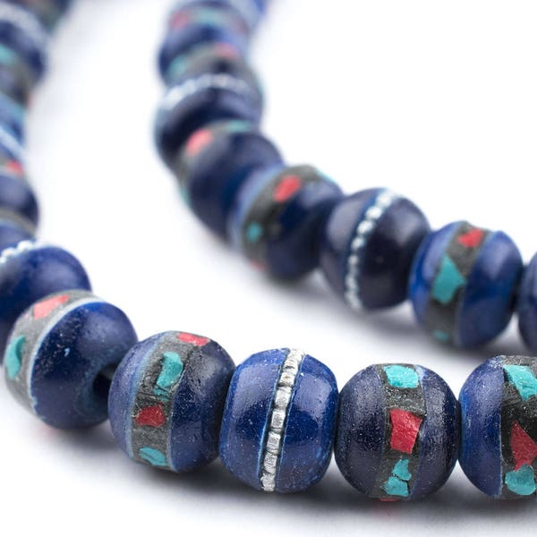 108 Cobalt Blue Inlaid Bone Mala Beads: Mala Necklace Yoga Meditation Reclaimed Bone Beads Nepalese Beads (BON-RND-BLU-439)