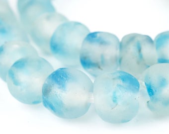 35 Speckled Blue Recycled Glass Beads 18mm: Cultured Sea Glass Bottle Glass Beads Frosted Glass Beads Glass Round Beads Ghana Krobo Beads