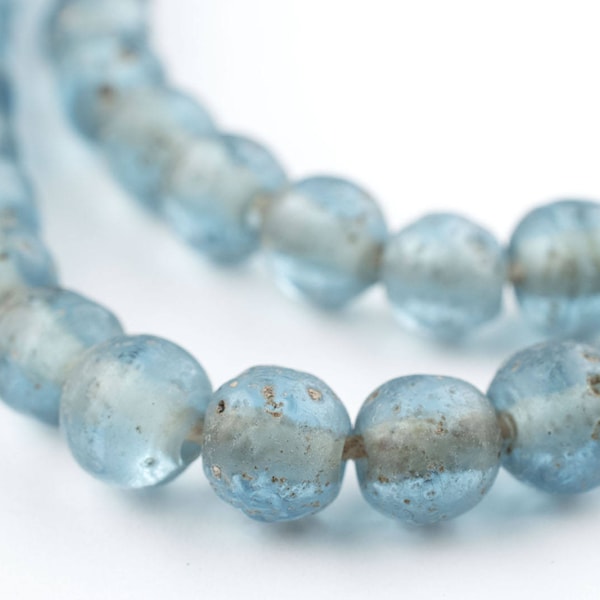 65 perles de verre Java bleu clair de style ancien : perles de verre gravées, perles primitives, perles de verre texturées, perles de forme ronde (JVA-RND-BLU-168)