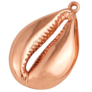 May include: A copper-colored cowrie shell pendant with a loop at the top for hanging. The shell has a smooth, polished surface and a detailed, textured opening along its length. This pendant is suitable for jewelry making.