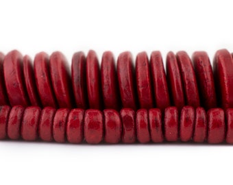 Red Recycled Coconut Disk Heishi Beads: Choose Size 8mm or 20mm, Natural Wood Coconut Shell Beads, Ships from USA!