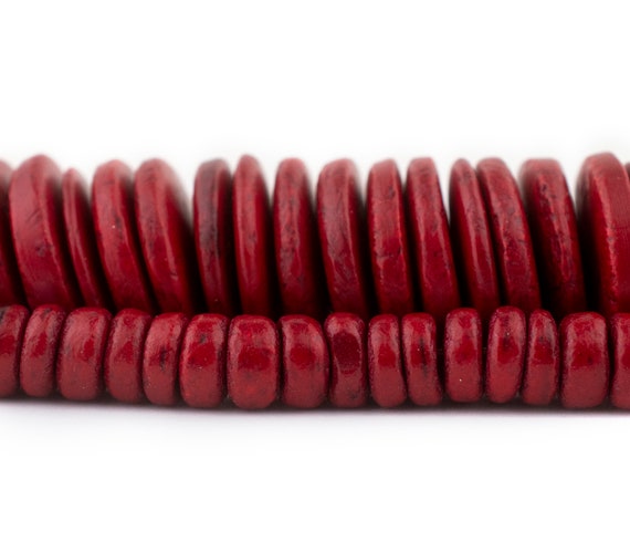 Red Recycled Coconut Disk Heishi Beads: Choose Size 8mm or 20mm, Natural Wood Coconut Shell Beads, Ships from USA!
