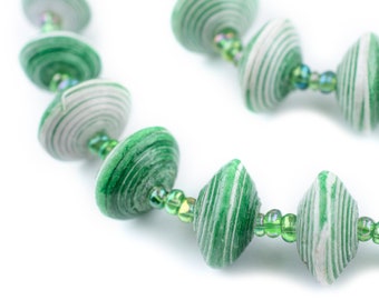 Vintage Green Paper Bead Necklace from Uganda - Recycled Newspaper & Scrap Paper - Fair Trade Wrap Around African Jewelry (PPR-DSK-GRN-149)