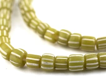 115 Olive Green Java Gooseberry Beads: Striped Trade Beads Glass Cylinder Beads Green Glass Beads 5mm Glass Beads Glass Spacer Beads