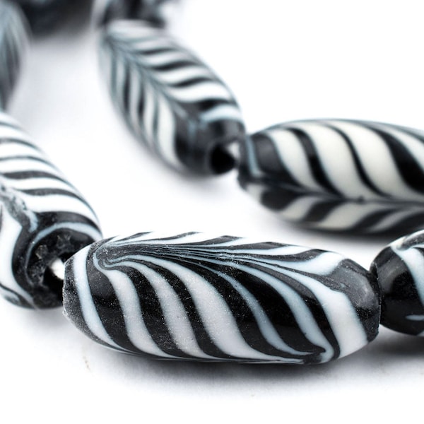16 Black Glass Feather Beads - Black Feather Beads - African Trade Beads - Zebra Pattern Beads - African Style Beads (JVA-OVL-BLK-716)