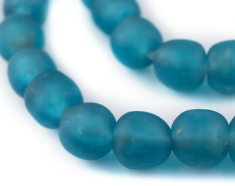 45 Dark Aqua Recycled Glass Beads 14mm: Powder Glass Beads Frosted Glass Beads Ghanaian Glass Beads Glass Round Beads Blue Glass Beads