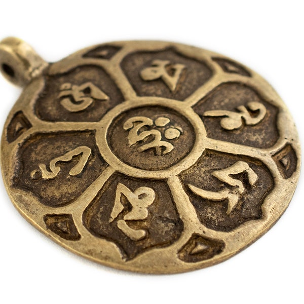 Antiqued Brass Circular Om Mani Padme Hum Pendant 60x50mm: Yoga Mantra Meditation Jewelry Supplies, Wholesale Pricing, Genuine & Authentic