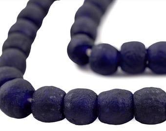 45 Cobalt Blue Recycled Glass Beads 14mm - African Glass Beads - Fair Trade - Sea Glass Strand - Made in Ghana (RCY-RND-BLU-542)