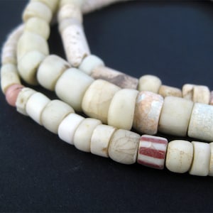 120 Antique White Green Heart Beads - African Trade Beads - Antique Glass Beads - ** (GREEN-HEARTS-203-AH-33)