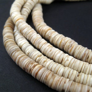 Vintage Shell Heishi Beads - African Trade Beads - Ocean Beach Glass Disks - Handmade in West Africa (SHL-HSHI-WHT-104)