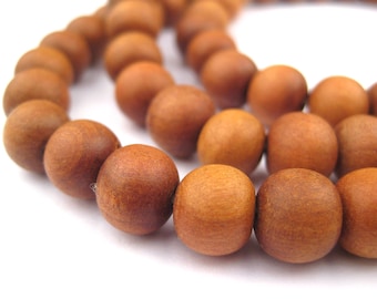108 Natural Sandalwood Mala Beads: 10mm Mala Strand Yoga Meditation Wood Mala Beads Nepal Wood Beads Brown Mala Beads (WOD-RND-BRN-933)