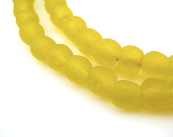 65 Yellow Recycled Glass Beads 9mm - African Glass Beads - Fair Trade - Sea Glass Necklace Jewelry - Made in Ghana (RCY-RND-YLW-699)