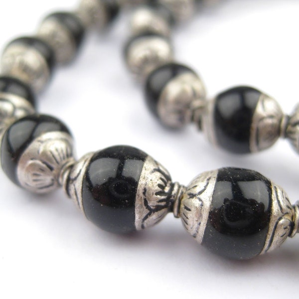 50 Black Onyx Nepali Silver Capped Beads: Tibetan Style Beads Ethnic Spacer Beads Capped Onyx Beads Rustic Stone Beads Gemstone Beads