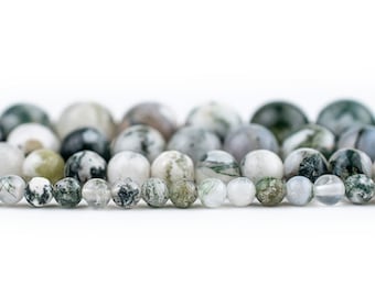 Tree Agate Beads: Natural Green & White Genuine Gemstone Beads 4mm 6mm 8mm 10mm Polished Jewelry Beads, Wholesale, In Stock, Ships from USA!