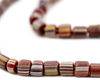 115 Indonesian Trade Beads - Striped Glass Beads - Colorful Gooseberry Beads - Hand Wound Bali Java Ethnic Beads Necklace (JVA-RND-BRN-117)