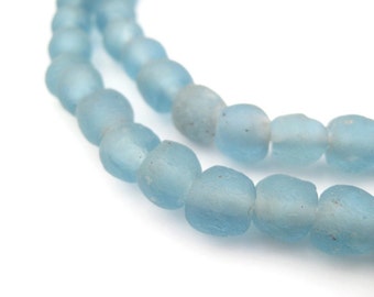 65 Light Blue Recycled Glass Beads 9mm - African Glass Beads - Jewelry Making Supplies - Made in Ghana + (RCY-RND-BLU-681)