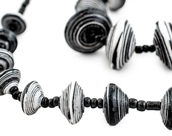 Black & White Paper Bead Necklace from Uganda - Recycled Newspaper Scrap Paper - Fair Trade Wrap Around African Jewelry (PPR-DSK-BLK-155)
