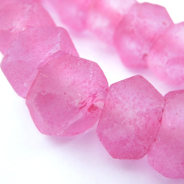 48 Java Recycled Glass Beads - Faceted Glass Beads - Tulip Pink Indonesian Beads - Jewelry Making Supplies ** (JVA-USU-RED-675)