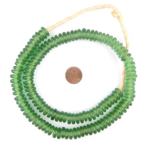 125 Light Green Rondelle Recycled Glass Beads: Eco-Friendly West African Ghanaian Disk 12mm Rustic Ethnic Handmade Strung (RCY-DSK-GRN-1031) image 3