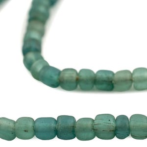 May include: A strand of teal blue glass beads. The beads are round and have a slightly frosted finish.