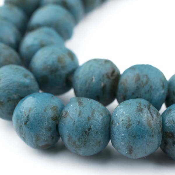 44 Vintage-Style Serpentine Recycled Glass Beads: Ghana Krobo West African Cultured Sea Green Ghanaian Trade Round Rustic (RCY-RND-GRN-1057)