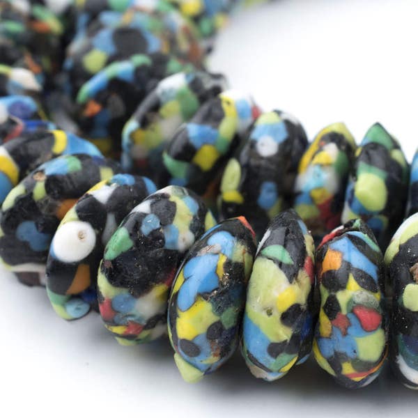 72 Jumbo Fused Rondelle Recycled Glass Beads: West African Cultured Sea Disk Ghanaian Trade Rustic Ethnic Handmade Boho (RCY-DSK-MIX-1056)