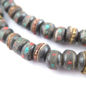 108 Vintage Inlaid Horn Prayer Beads - Black Bone Beads - 6mm Round Beads - Turquoise Beads - Horn Beads - Copper (BON-RND-MIX-297)
