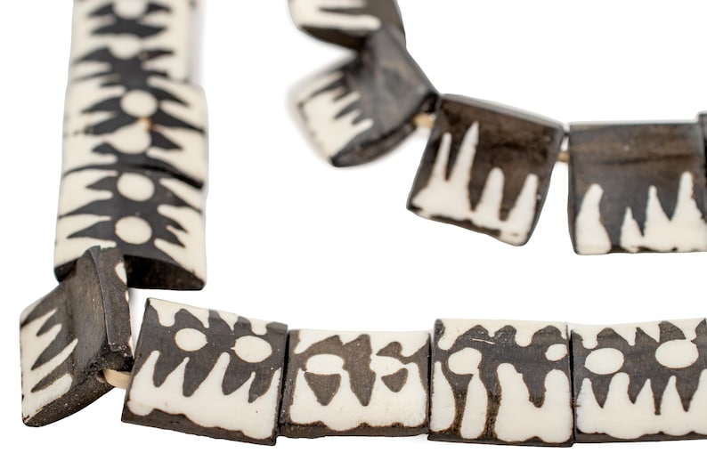 30 Batik Bone Beads Flags - Cow Bone Strand - Rectangular Beads - Black and White - Kenyan Jewelry - African Beads (BON-FLT-DOD-276) image 1