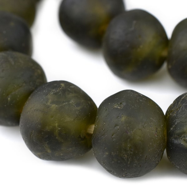 35 Jumbo Olive Green Recycled Glass Beads: Translucent Eco-Friendly Huge Ghanaian Trade Round Rustic Ethnic Handmade Boho (RCY-RND-GRN-986)