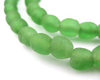 65 Verdant Green Recycled Glass Beads 9mm - African Glass Beads - Jewelry Making Supplies - Made in Ghana + (RCY-RND-GRN-684)