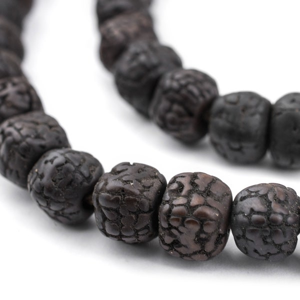 108 Black Rudraksha Beads - Meditation & Prayer Beads - Black Wood Beads Natural Seed Beads w/ Turquoise Jewelry Supplies (WOD-RND-BLK-281)