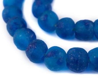38 Recycled Glass Beads - African Beads - Aqua Swirl - 18mm Round Beads - Fair Trade - Made in Africa (RYC-RND-BLU-627)