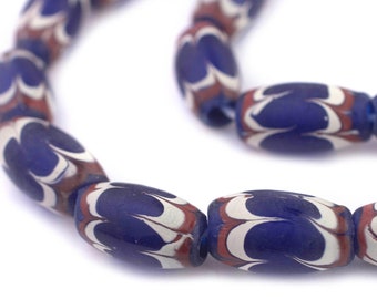 26 Blue Java Chevron Beads 16x10mm: Handmade Indonesian Glass Beads Inspired by Traditional Antique Venetian African Trade Beads