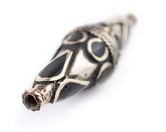 Onyx-Inlaid Elongated Afghan Tribal Silver Bead 56x17mm: Silver Bicone Beads Bicone Shaped Beads Handmade Beads Boho Silver Beads