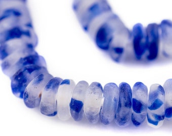 110 Cobalt Blue Mist Rondelle Recycled Glass Beads: Full Strand - Handcrafted Using Bottle Glass by the Krobo People of Ghana