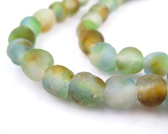 52-60 Blue Green Brown Swirl Recycled Glass Beads: Frosted West African Ghanaian 8mm Round Rustic Ethnic Handmade Strung (RCY-RND-MIX-1021)