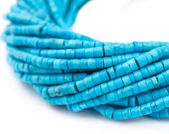 May include: A strand of turquoise blue beads, each bead is a cylinder with a slightly rounded edge. The beads are stacked on top of each other, creating a thick, textured look.