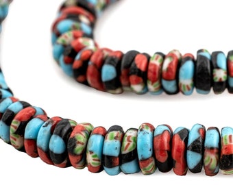 Konongo Medley Fused Rondelle Recycled Glass Beads, 10mm, 28 Inch Strand, Artisan Jewelry Supplies from Ghana